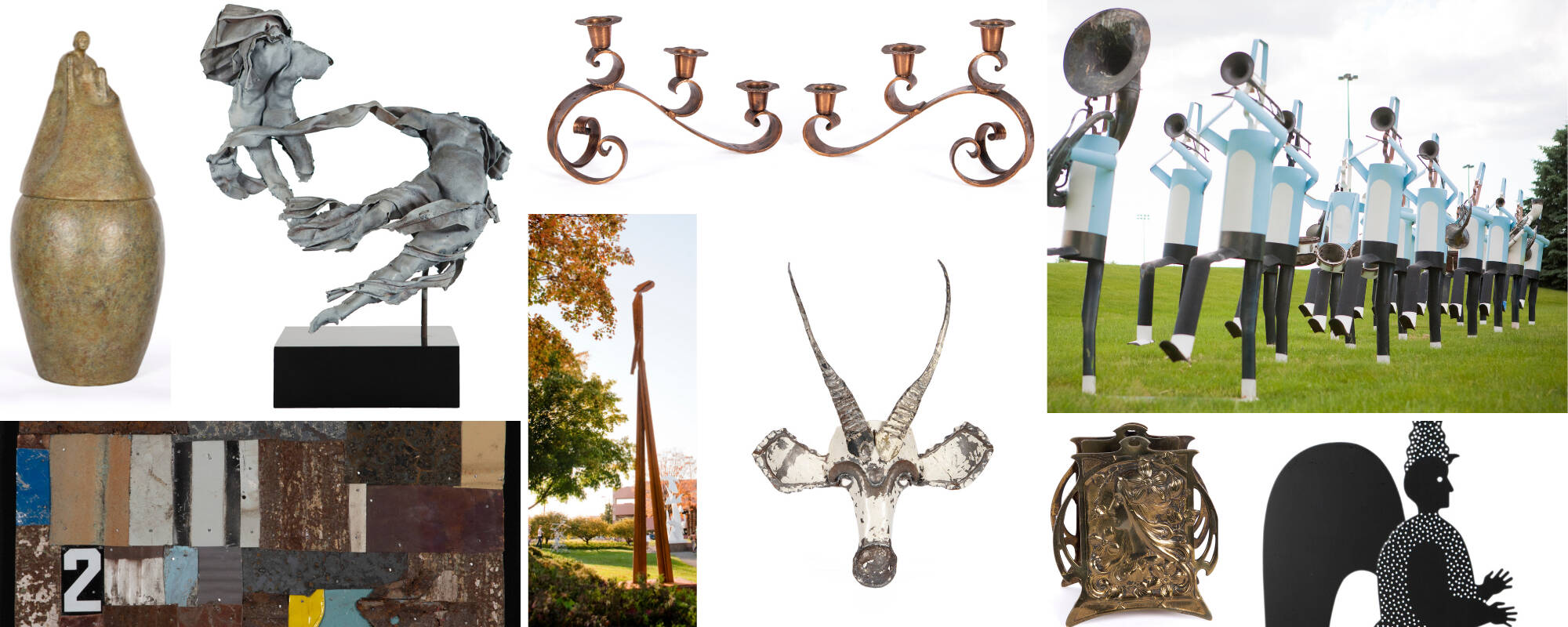 Collage of nine different works of art from the GVSU Art Museum Collection that showcase different metal works of art.